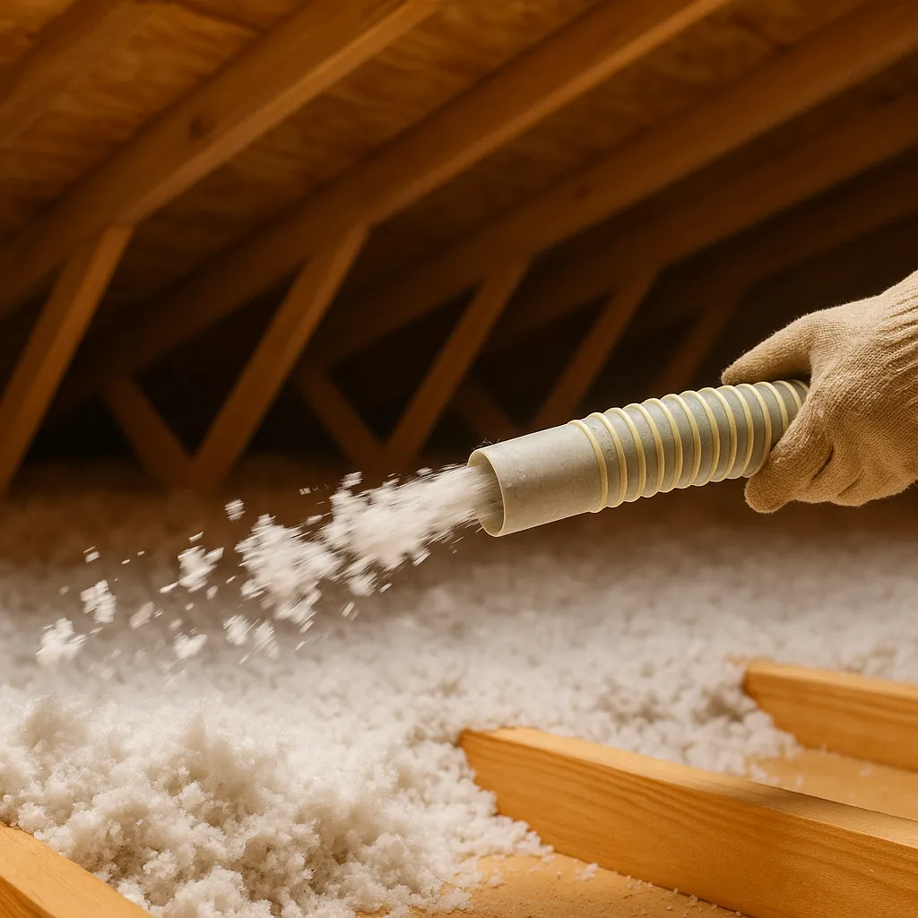 Blow-in insulation being installed in an attic