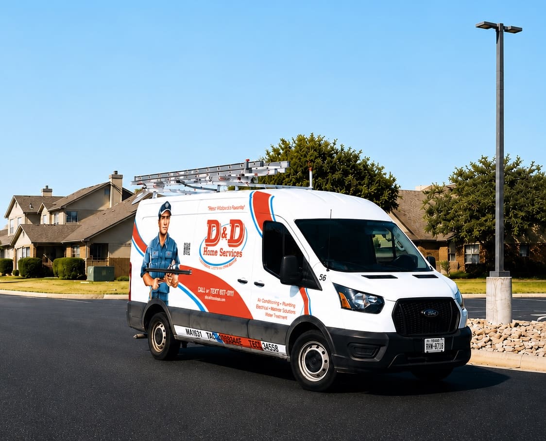 White D&D Plumbing, Heating, and Air Conditioning van with ladder rack parked on a suburban street; company logo and a technician illustration on the side.