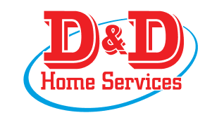 D&D Plumbing, Heating, and Air Conditioning logo with red 'D&D' lettering and a blue oval swoosh around the words 'Home Services' (brand emblem).