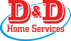 D&D Plumbing, Heating, and Air Conditioning logo in red lettering with a blue circular swoosh around the text.