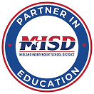 Circular MISD Partner in Education logo with a blue outer ring, white stars, and red border surrounding the MISD acronym in the center.