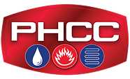 PHCC logo with water droplet, flame, and cooling coil icons.