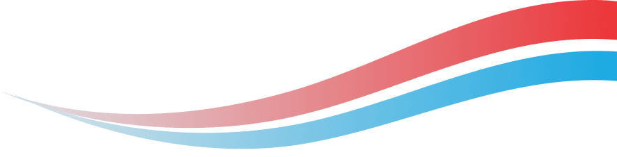 Decorative abstract banner: two flowing ribbons in red‑pink and blue curves across a green background.