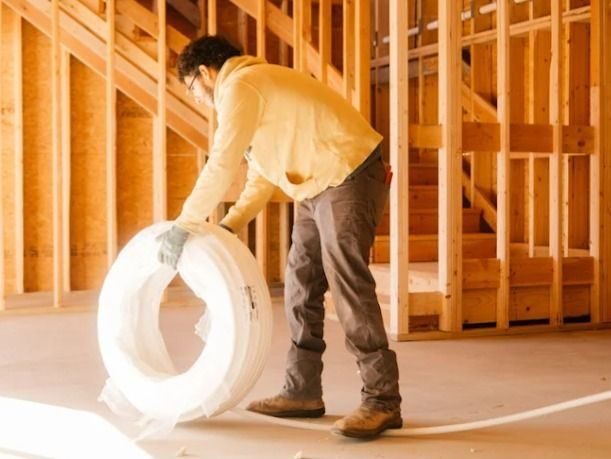 Construction worker guiding a large roll of insulation inside a wood-framed building under construction, wearing gloves and boots.